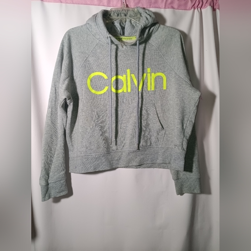 Calvin Klein Gray Hoodie with Neon Yellow Logo